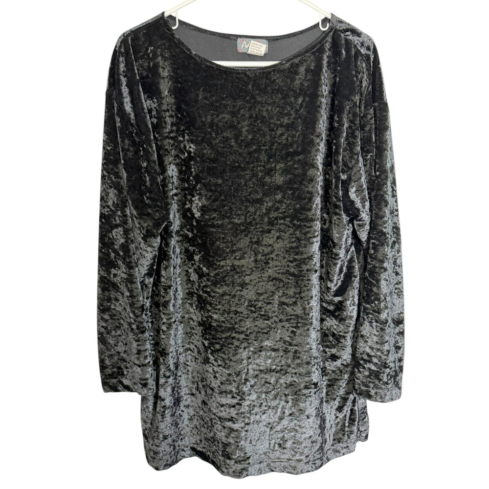 Adesso L Black Crushed Velvet Top Long Sleeve Scoop Neck Side Slit Goth 90s